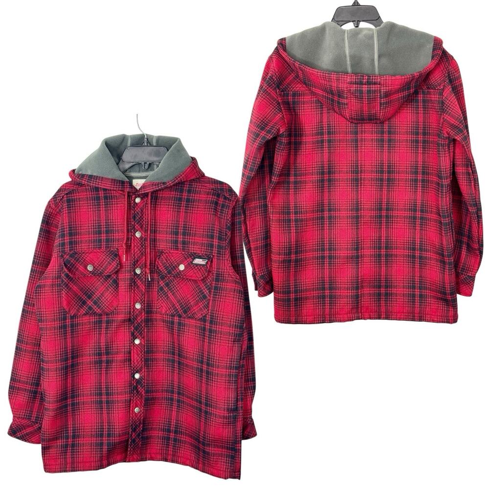 Dickies Hooded Flannel Jacket Fleece Lined Snap Front Red Plaid Men S